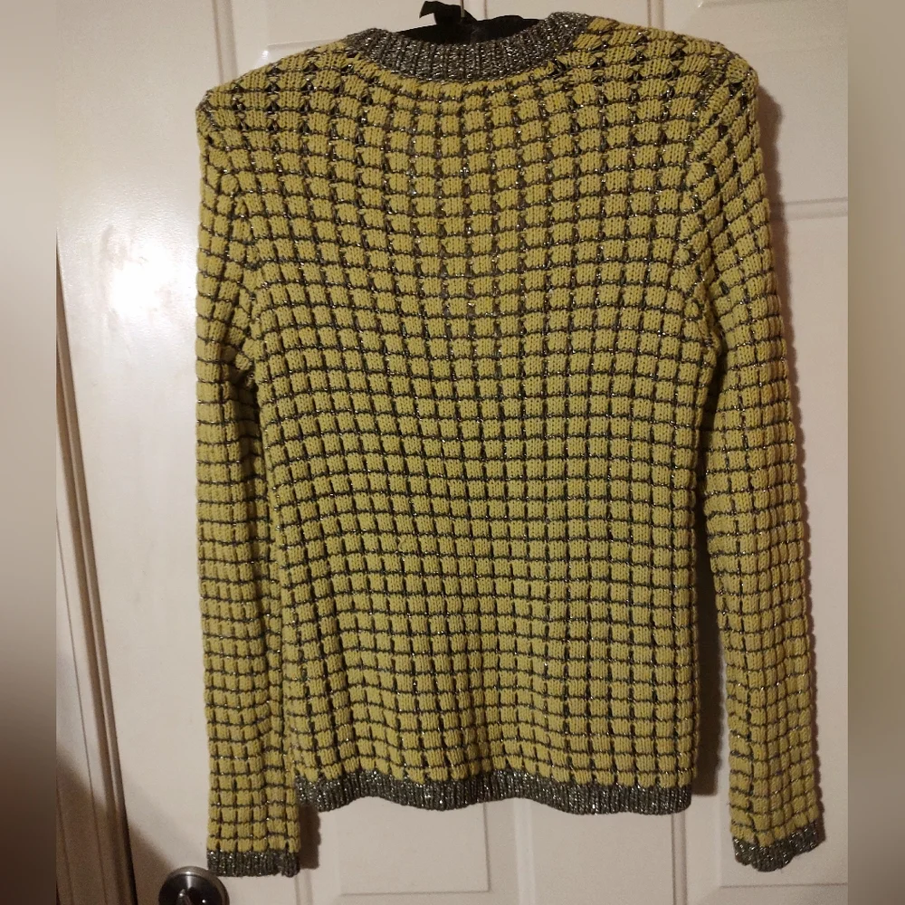 🌿🩶🌿 Gorgeous Chartreuse & Silver Metallic Open Weave Tie Cardigan - S - Picture 7 of 16